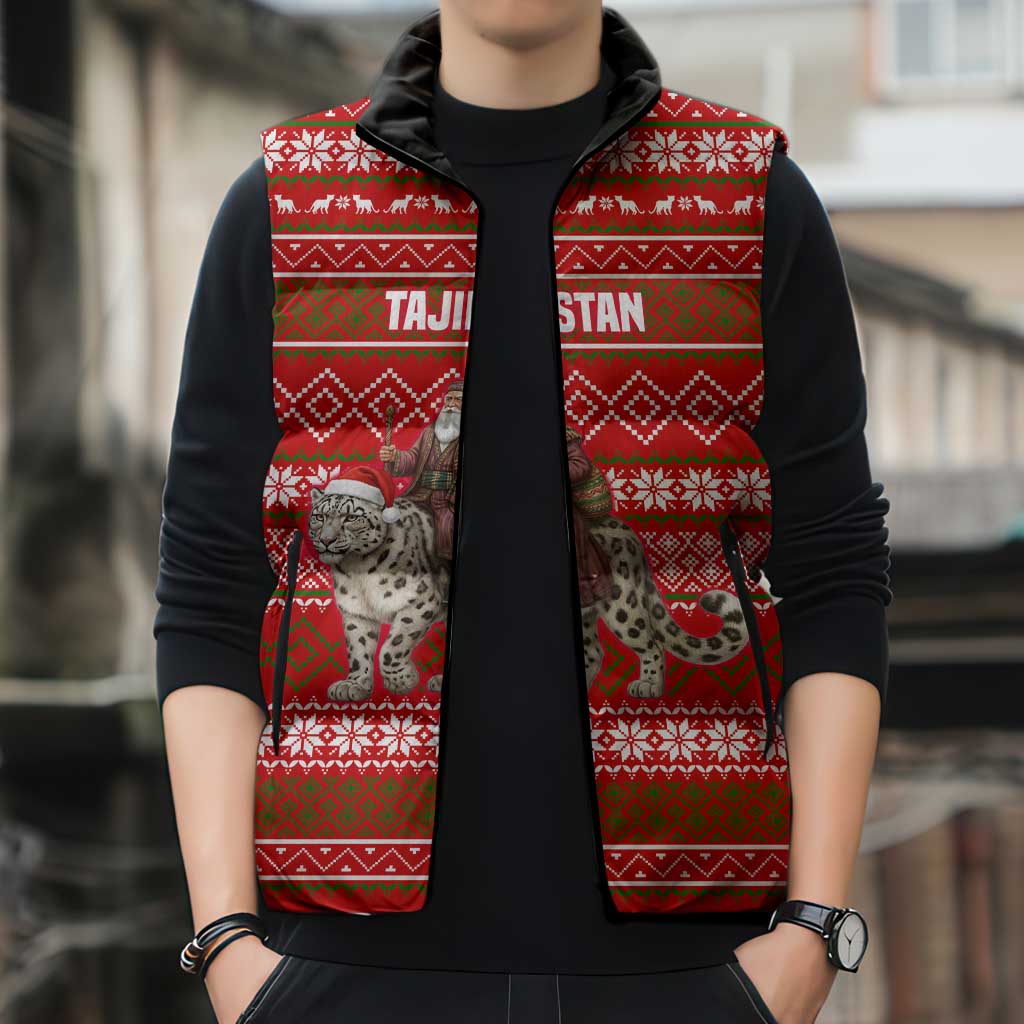 Tajikistan Christmas Sleeveless Puffer Jacket with Santa Riding Snow Leopard National Emblem and Red Holiday Pattern - Wonder Print Shop