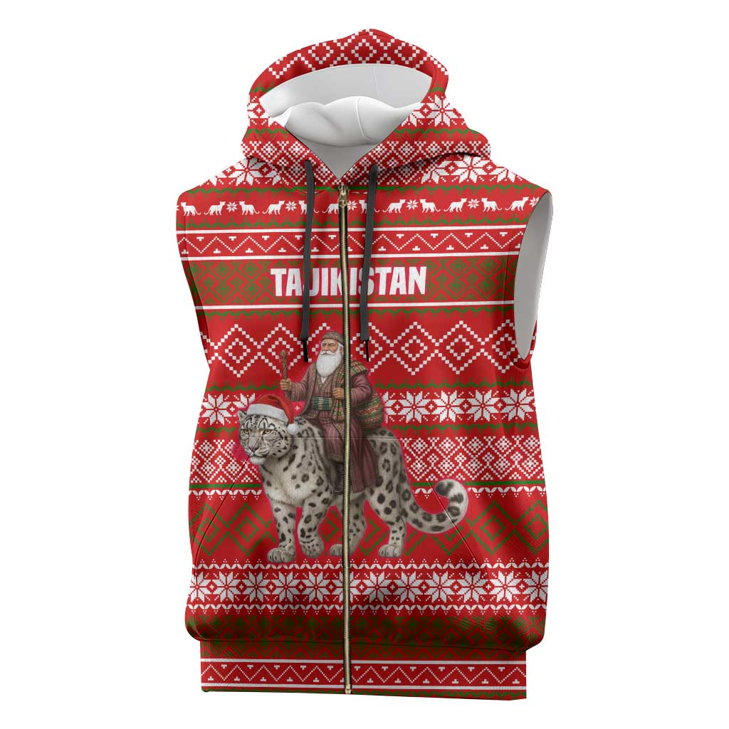Tajikistan Christmas Sleeveless Zip Hoodie with Santa Riding Snow Leopard National Emblem and Red Holiday Pattern - Wonder Print Shop