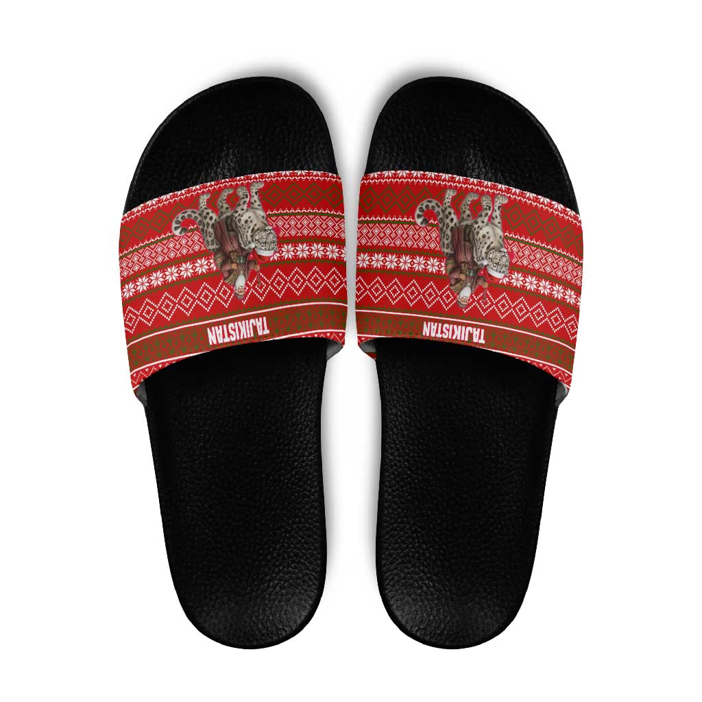 Tajikistan Christmas Slide Sandals with Santa Riding Snow Leopard National Emblem and Red Holiday Pattern - Wonder Print Shop