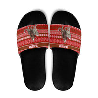 Tajikistan Christmas Slide Sandals with Santa Riding Snow Leopard National Emblem and Red Holiday Pattern - Wonder Print Shop