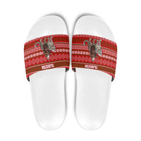 Tajikistan Christmas Slide Sandals with Santa Riding Snow Leopard National Emblem and Red Holiday Pattern - Wonder Print Shop
