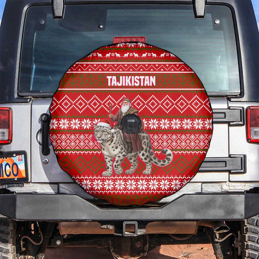 Tajikistan Christmas Spare Tire Cover with Santa Riding Snow Leopard National Emblem and Red Holiday Pattern - Wonder Print Shop