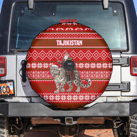 Tajikistan Christmas Spare Tire Cover with Santa Riding Snow Leopard National Emblem and Red Holiday Pattern - Wonder Print Shop