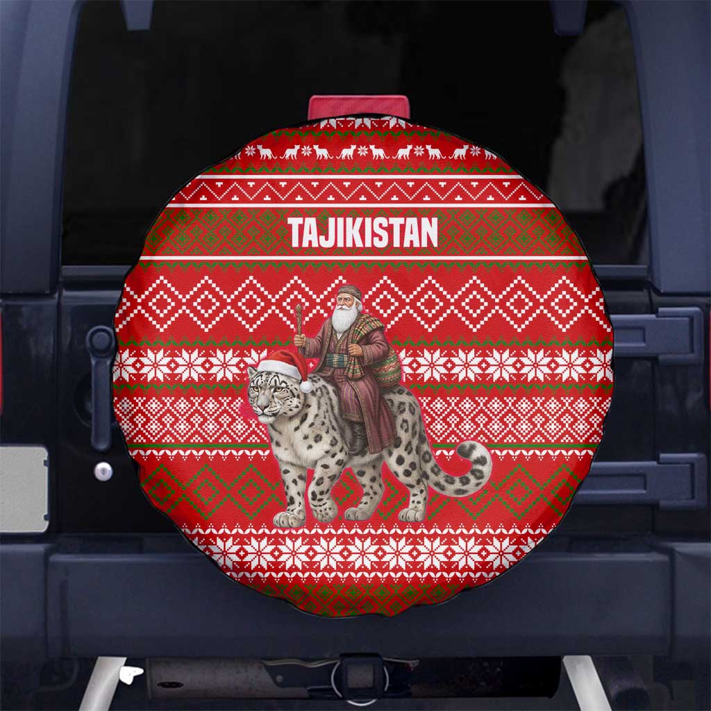 Tajikistan Christmas Spare Tire Cover with Santa Riding Snow Leopard National Emblem and Red Holiday Pattern - Wonder Print Shop