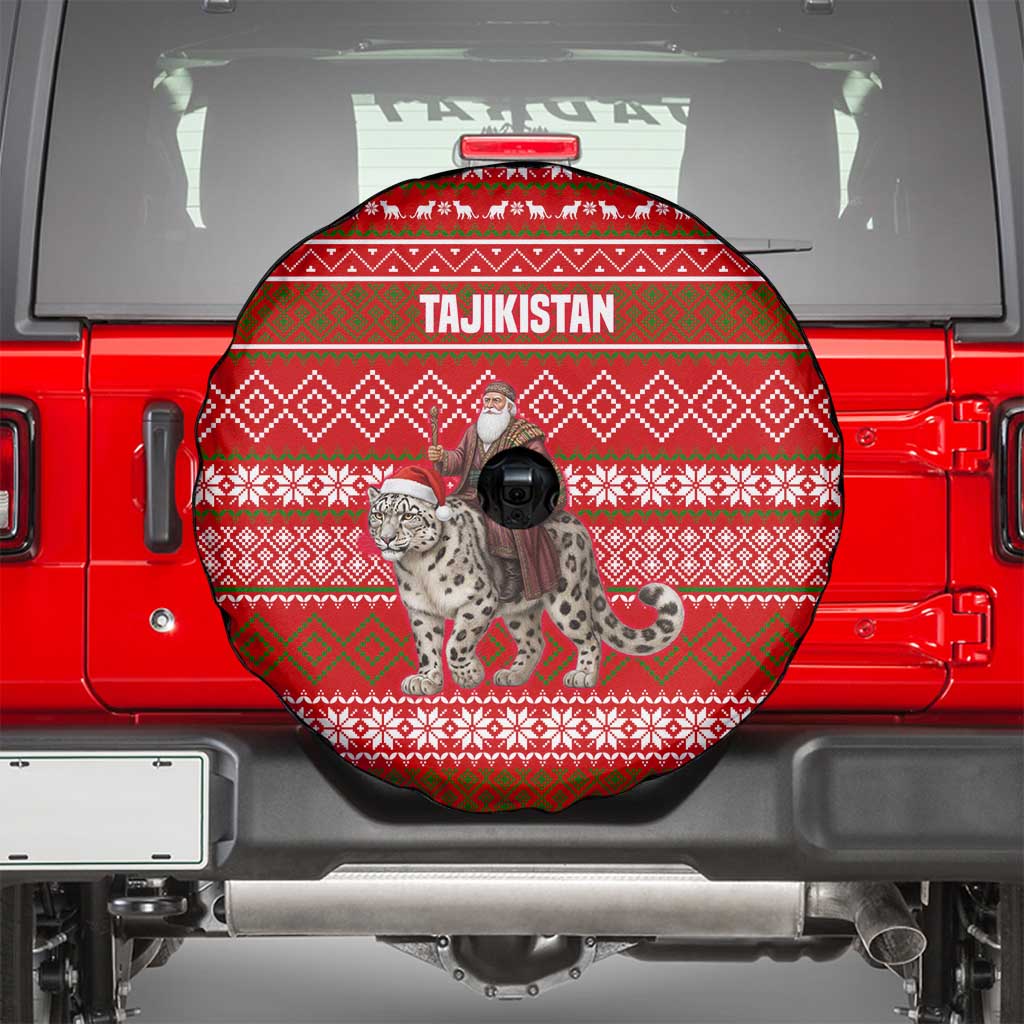 Tajikistan Christmas Spare Tire Cover with Santa Riding Snow Leopard National Emblem and Red Holiday Pattern - Wonder Print Shop