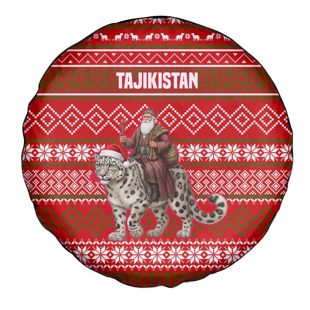 Tajikistan Christmas Spare Tire Cover with Santa Riding Snow Leopard National Emblem and Red Holiday Pattern - Wonder Print Shop