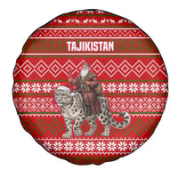 Tajikistan Christmas Spare Tire Cover with Santa Riding Snow Leopard National Emblem and Red Holiday Pattern - Wonder Print Shop