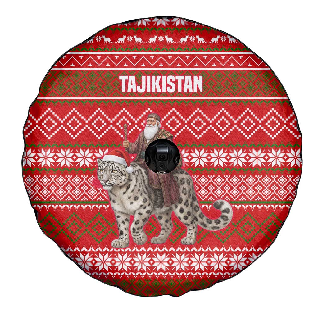 Tajikistan Christmas Spare Tire Cover with Santa Riding Snow Leopard National Emblem and Red Holiday Pattern - Wonder Print Shop