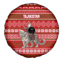 Tajikistan Christmas Spare Tire Cover with Santa Riding Snow Leopard National Emblem and Red Holiday Pattern - Wonder Print Shop