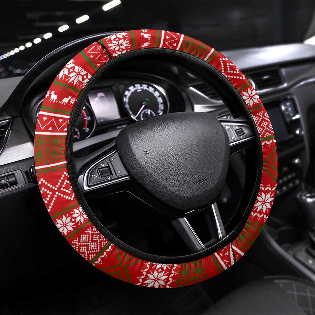 Tajikistan Christmas Steering Wheel Cover with Santa Riding Snow Leopard National Emblem and Red Holiday Pattern - Wonder Print Shop