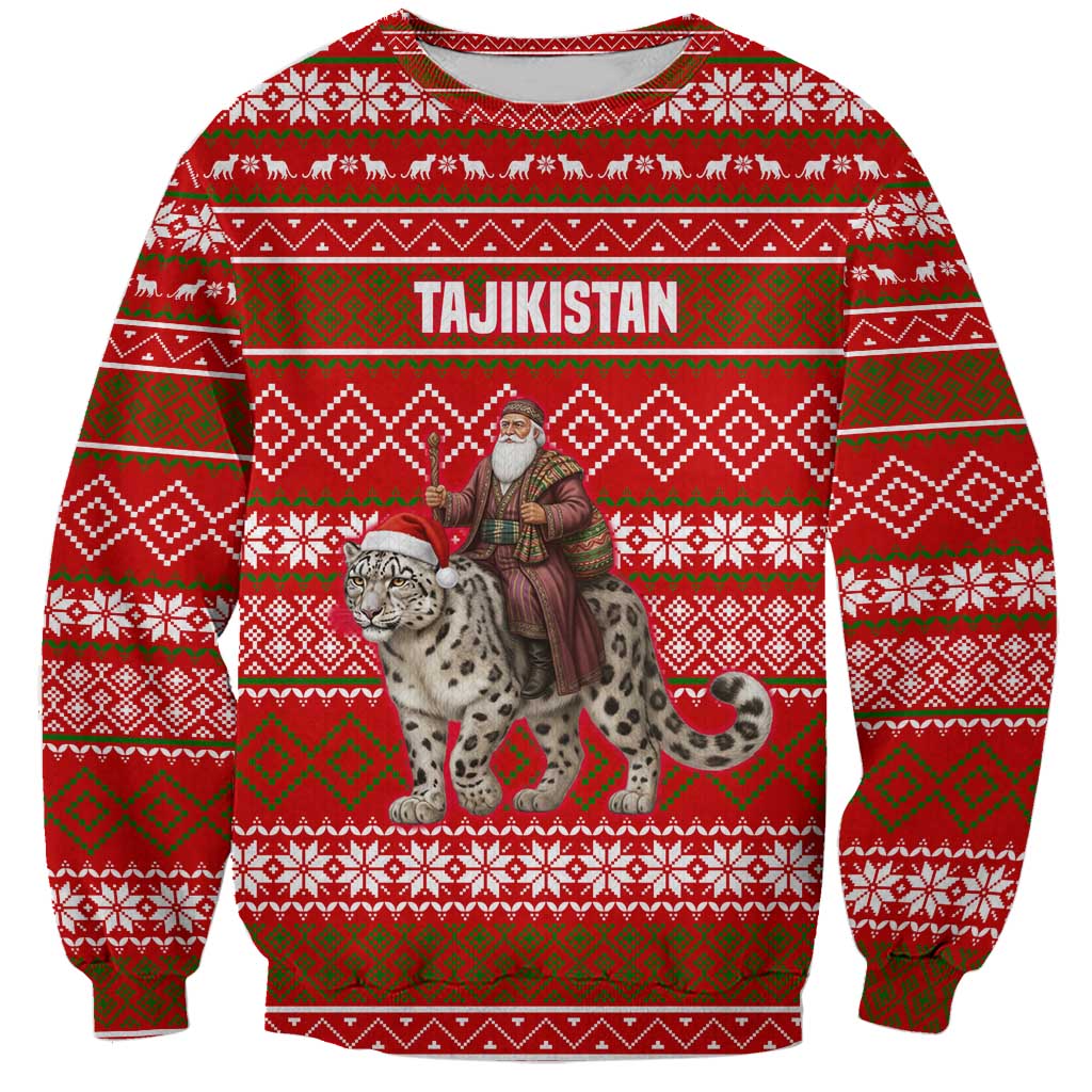 Tajikistan Christmas Sweatshirt with Santa Riding Snow Leopard National Emblem and Red Holiday Pattern - Wonder Print Shop