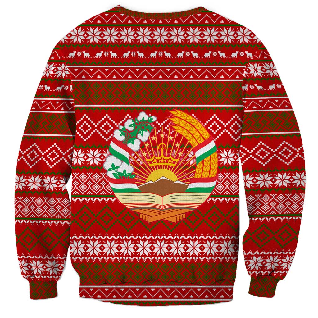 Tajikistan Christmas Sweatshirt with Santa Riding Snow Leopard National Emblem and Red Holiday Pattern - Wonder Print Shop