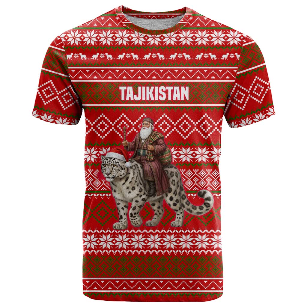Tajikistan Christmas T Shirt with Santa Riding Snow Leopard National Emblem and Red Holiday Pattern - Wonder Print Shop