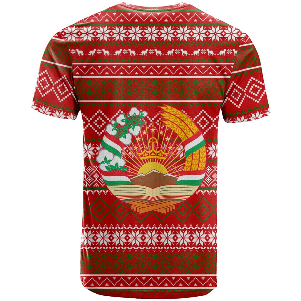 Tajikistan Christmas T Shirt with Santa Riding Snow Leopard National Emblem and Red Holiday Pattern - Wonder Print Shop