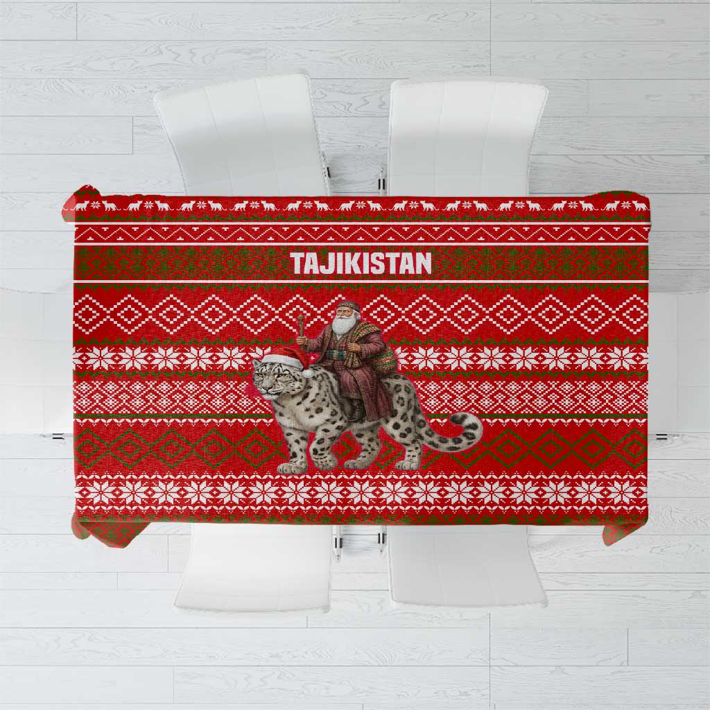 Tajikistan Christmas Tablecloth with Santa Riding Snow Leopard National Emblem and Red Holiday Pattern - Wonder Print Shop