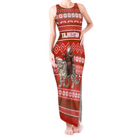 Tajikistan Christmas Tank Maxi Dress with Santa Riding Snow Leopard National Emblem and Red Holiday Pattern - Wonder Print Shop