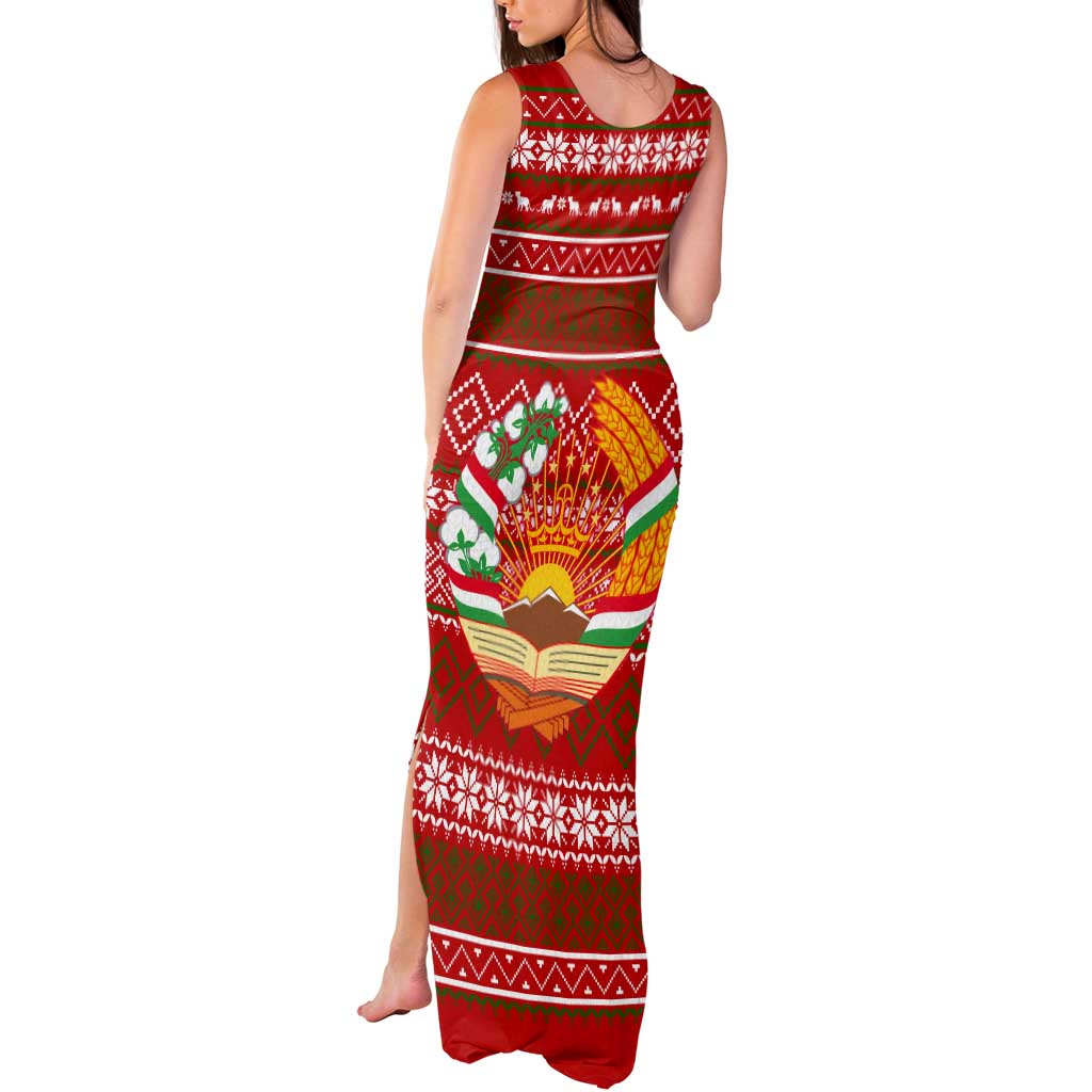 Tajikistan Christmas Tank Maxi Dress with Santa Riding Snow Leopard National Emblem and Red Holiday Pattern - Wonder Print Shop
