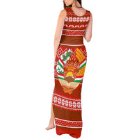 Tajikistan Christmas Tank Maxi Dress with Santa Riding Snow Leopard National Emblem and Red Holiday Pattern - Wonder Print Shop