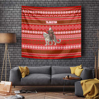 Tajikistan Christmas Tapestry with Santa Riding Snow Leopard National Emblem and Red Holiday Pattern - Wonder Print Shop