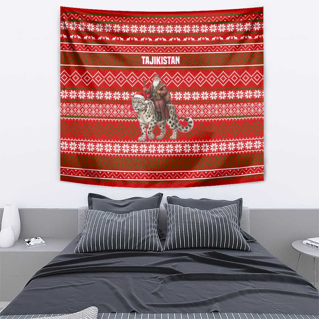 Tajikistan Christmas Tapestry with Santa Riding Snow Leopard National Emblem and Red Holiday Pattern - Wonder Print Shop