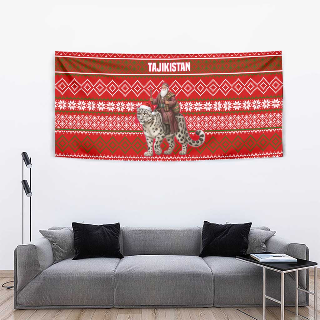 Tajikistan Christmas Tapestry with Santa Riding Snow Leopard National Emblem and Red Holiday Pattern - Wonder Print Shop