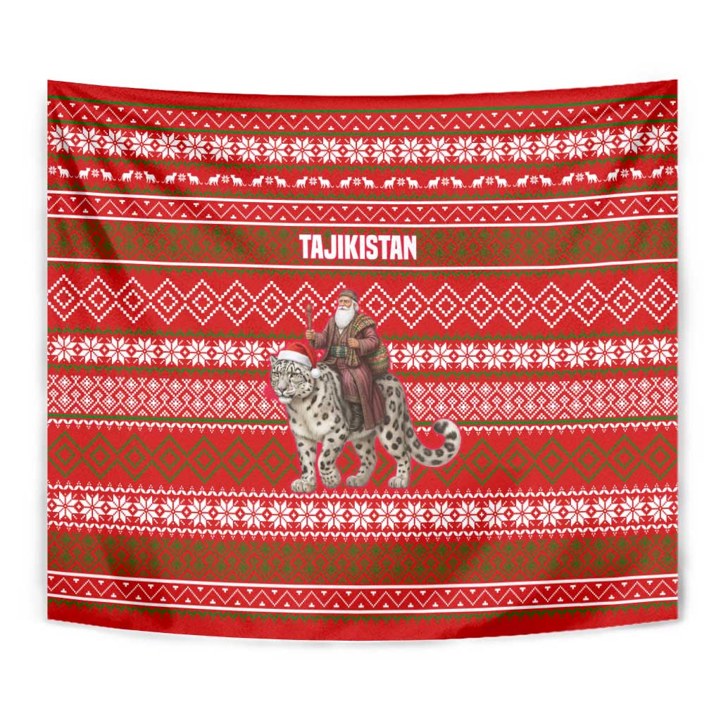 Tajikistan Christmas Tapestry with Santa Riding Snow Leopard National Emblem and Red Holiday Pattern - Wonder Print Shop