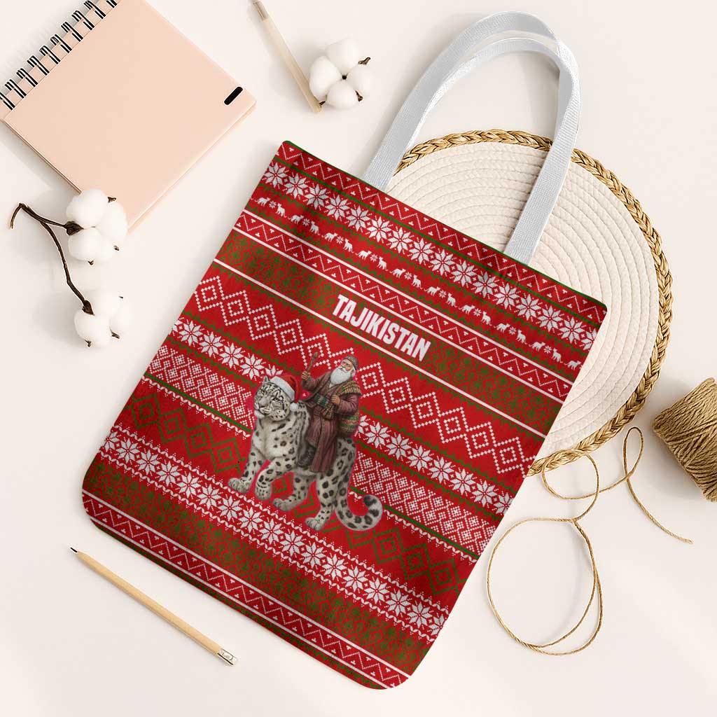 Tajikistan Christmas Tote Bag with Santa Riding Snow Leopard National Emblem and Red Holiday Pattern - Wonder Print Shop