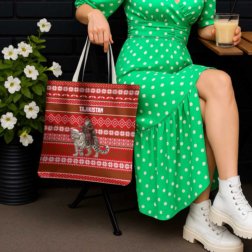 Tajikistan Christmas Tote Bag with Santa Riding Snow Leopard National Emblem and Red Holiday Pattern - Wonder Print Shop
