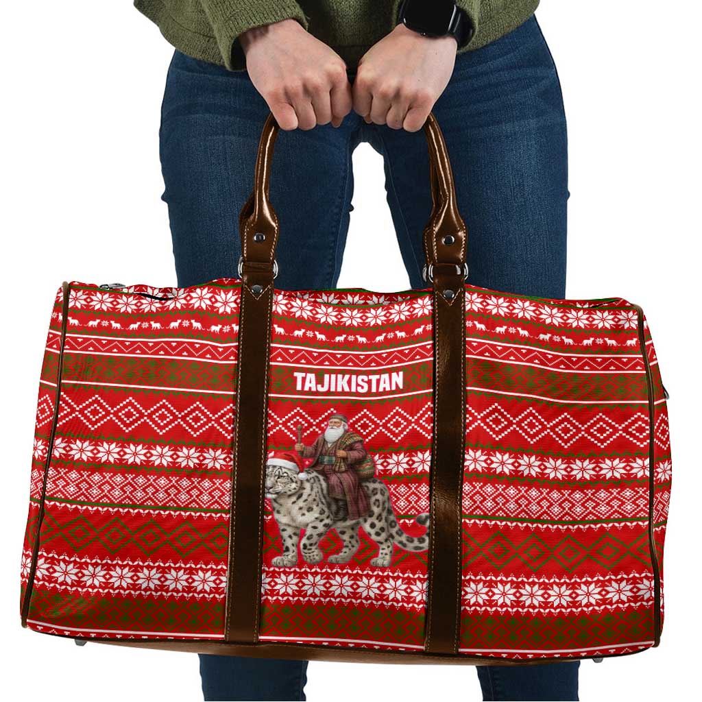 Tajikistan Christmas Travel Bag with Santa Riding Snow Leopard National Emblem and Red Holiday Pattern - Wonder Print Shop