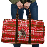 Tajikistan Christmas Travel Bag with Santa Riding Snow Leopard National Emblem and Red Holiday Pattern - Wonder Print Shop