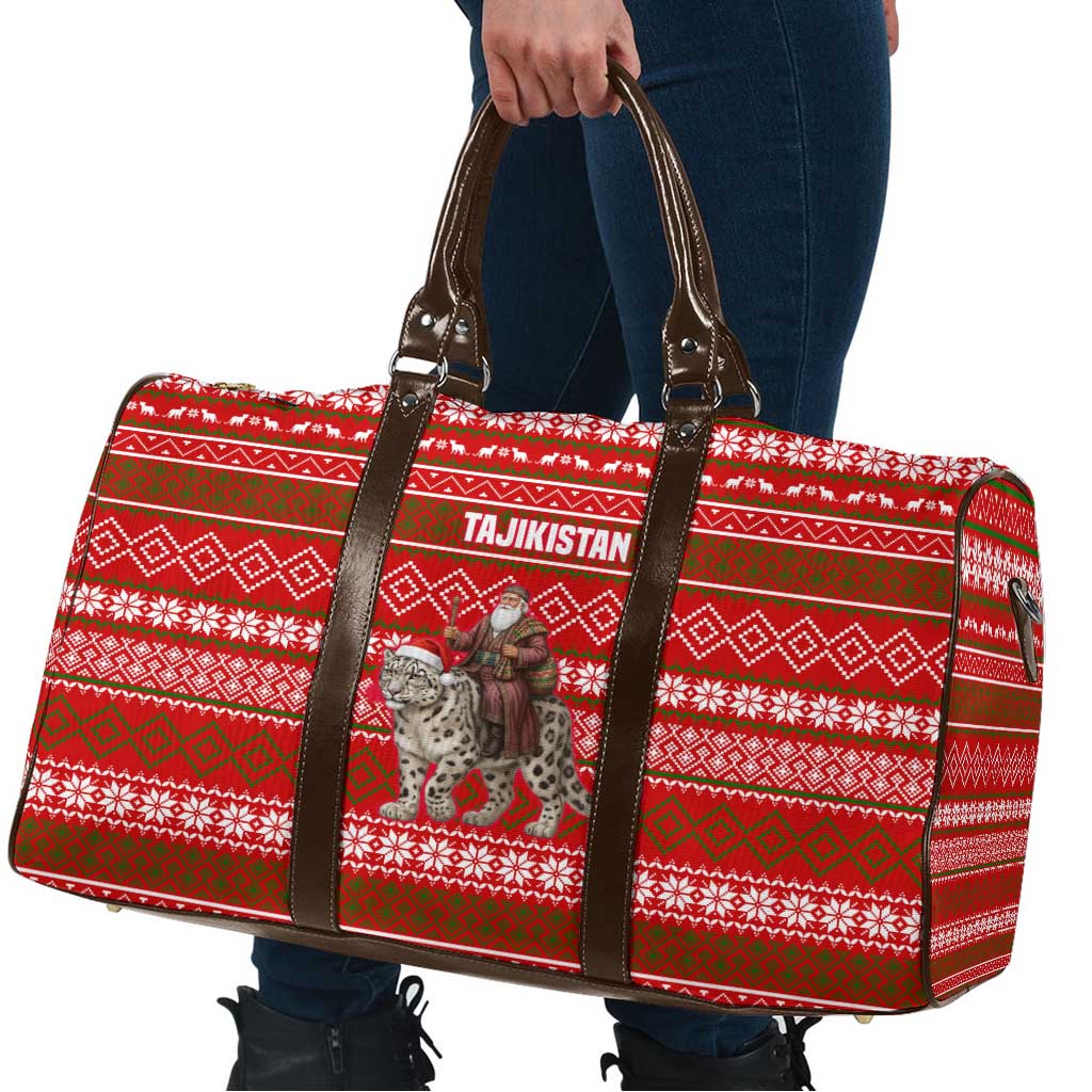 Tajikistan Christmas Travel Bag with Santa Riding Snow Leopard National Emblem and Red Holiday Pattern - Wonder Print Shop