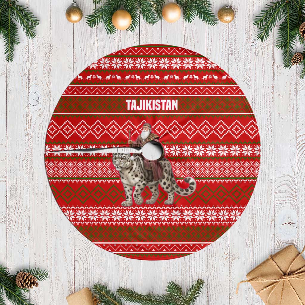 Tajikistan Christmas Tree Skirt with Santa Riding Snow Leopard National Emblem and Red Holiday Pattern - Wonder Print Shop