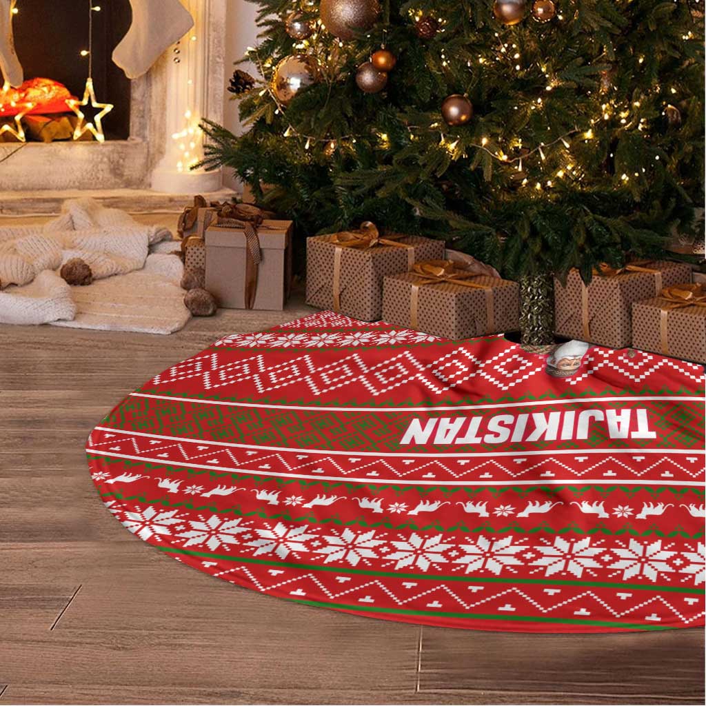 Tajikistan Christmas Tree Skirt with Santa Riding Snow Leopard National Emblem and Red Holiday Pattern - Wonder Print Shop