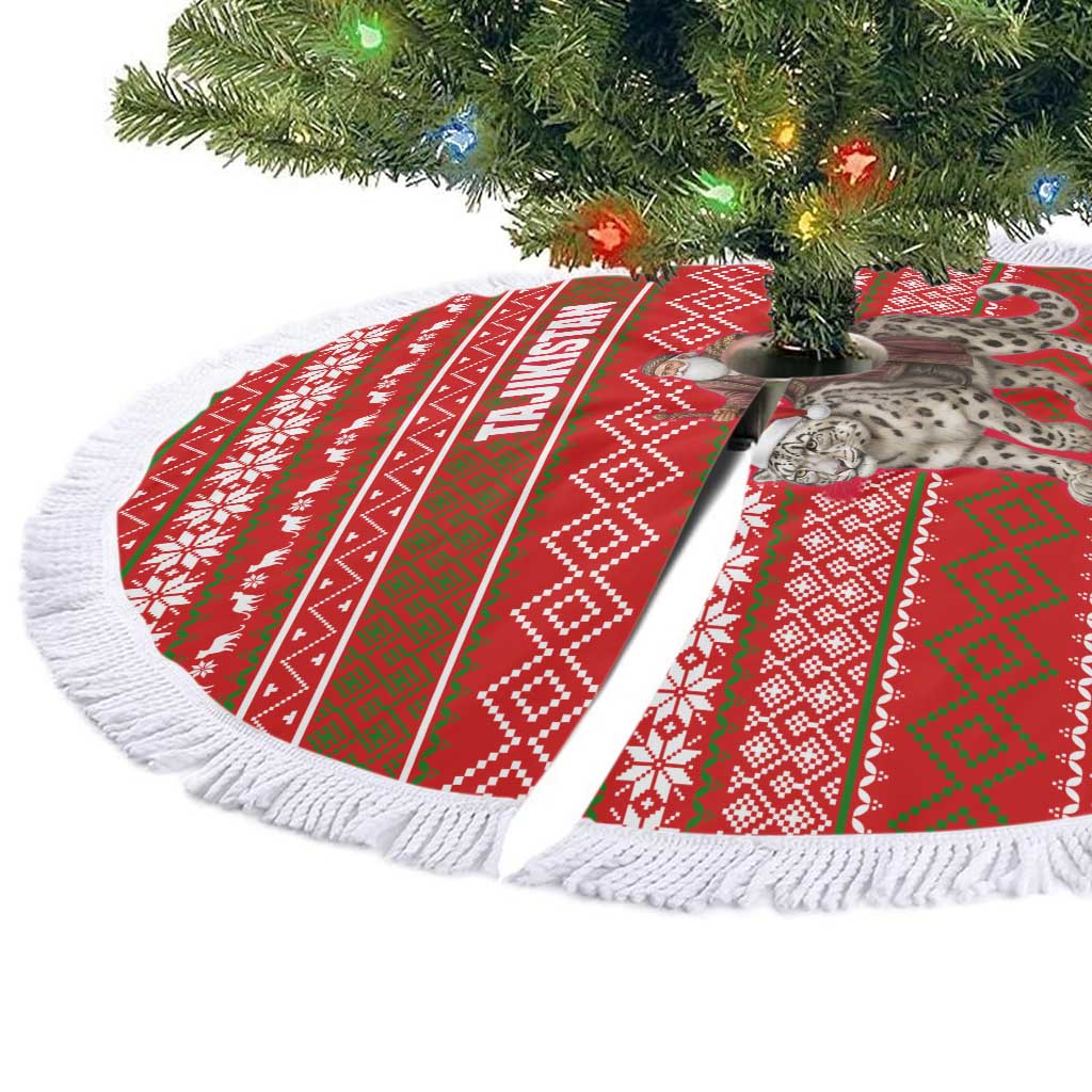 Tajikistan Christmas Tree Skirt with Santa Riding Snow Leopard National Emblem and Red Holiday Pattern - Wonder Print Shop