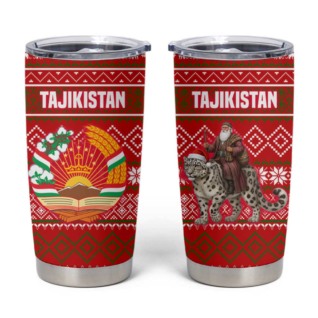 Tajikistan Christmas Tumbler Cup with Santa Riding Snow Leopard National Emblem and Red Holiday Pattern - Wonder Print Shop