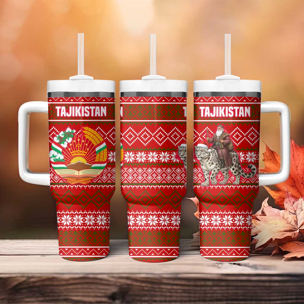 Tajikistan Christmas Tumbler With Handle with Santa Riding Snow Leopard National Emblem and Red Holiday Pattern - Wonder Print Shop