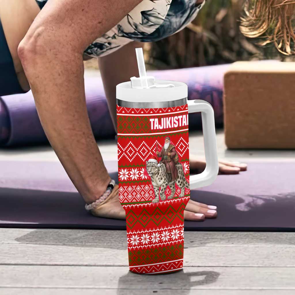 Tajikistan Christmas Tumbler With Handle with Santa Riding Snow Leopard National Emblem and Red Holiday Pattern - Wonder Print Shop