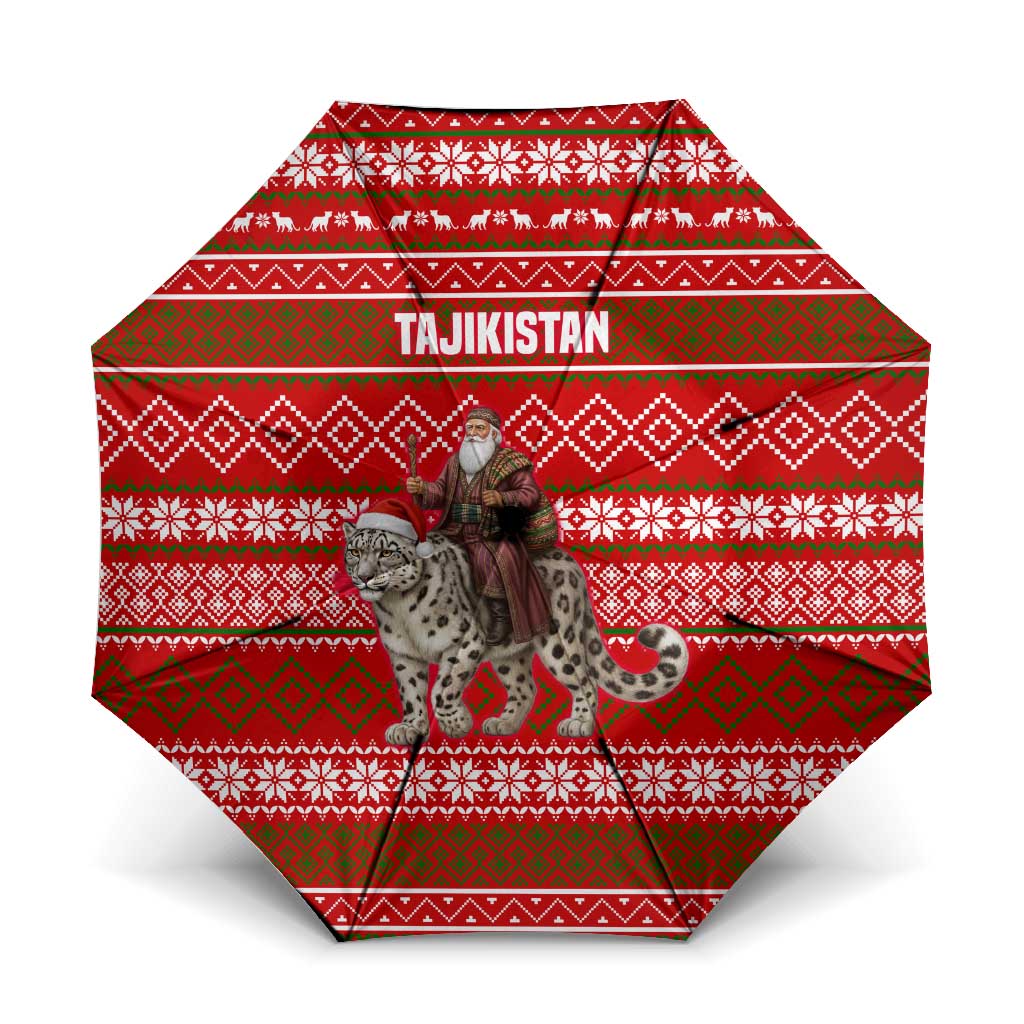 Tajikistan Christmas Umbrella with Santa Riding Snow Leopard National Emblem and Red Holiday Pattern - Wonder Print Shop