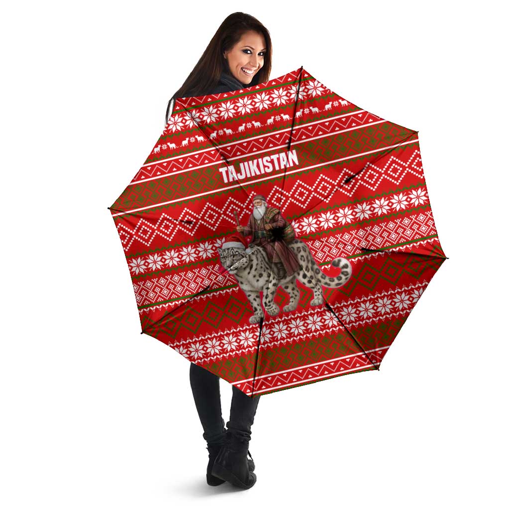 Tajikistan Christmas Umbrella with Santa Riding Snow Leopard National Emblem and Red Holiday Pattern - Wonder Print Shop