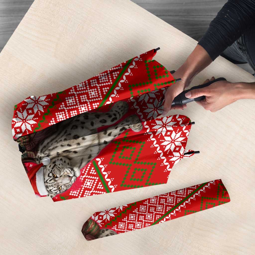 Tajikistan Christmas Umbrella with Santa Riding Snow Leopard National Emblem and Red Holiday Pattern - Wonder Print Shop