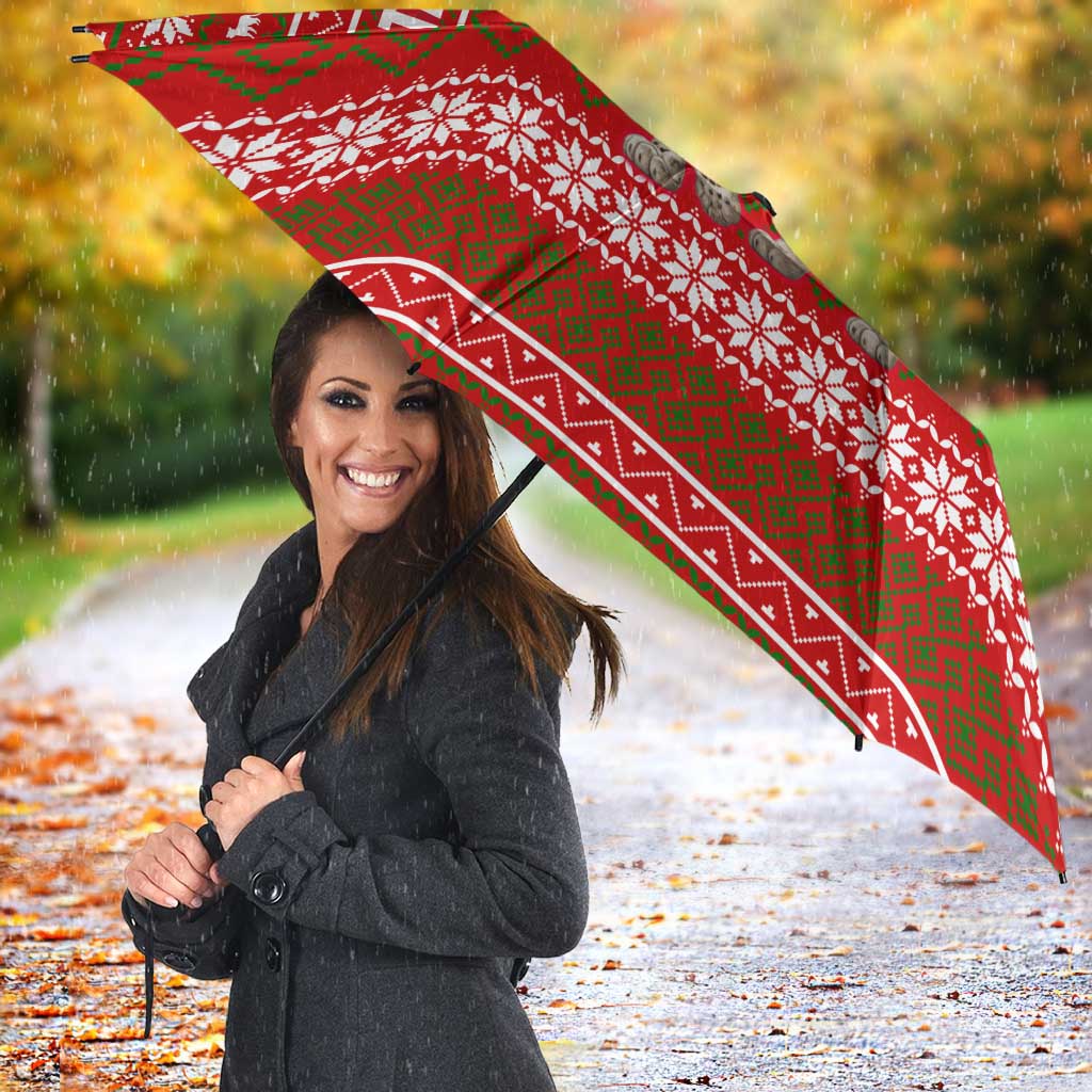 Tajikistan Christmas Umbrella with Santa Riding Snow Leopard National Emblem and Red Holiday Pattern - Wonder Print Shop