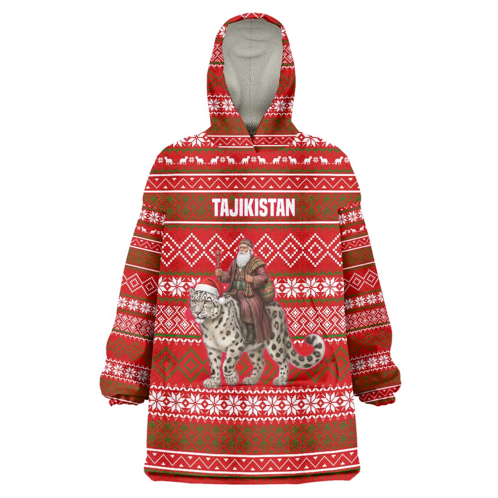Tajikistan Christmas Wearable Blanket Hoodie with Santa Riding Snow Leopard National Emblem and Red Holiday Pattern - Wonder Print Shop