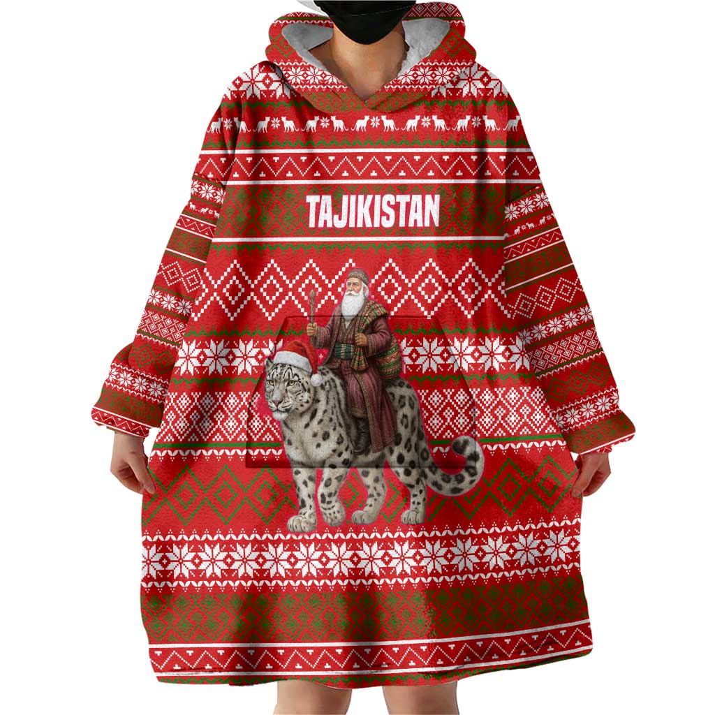 Tajikistan Christmas Wearable Blanket Hoodie with Santa Riding Snow Leopard National Emblem and Red Holiday Pattern - Wonder Print Shop