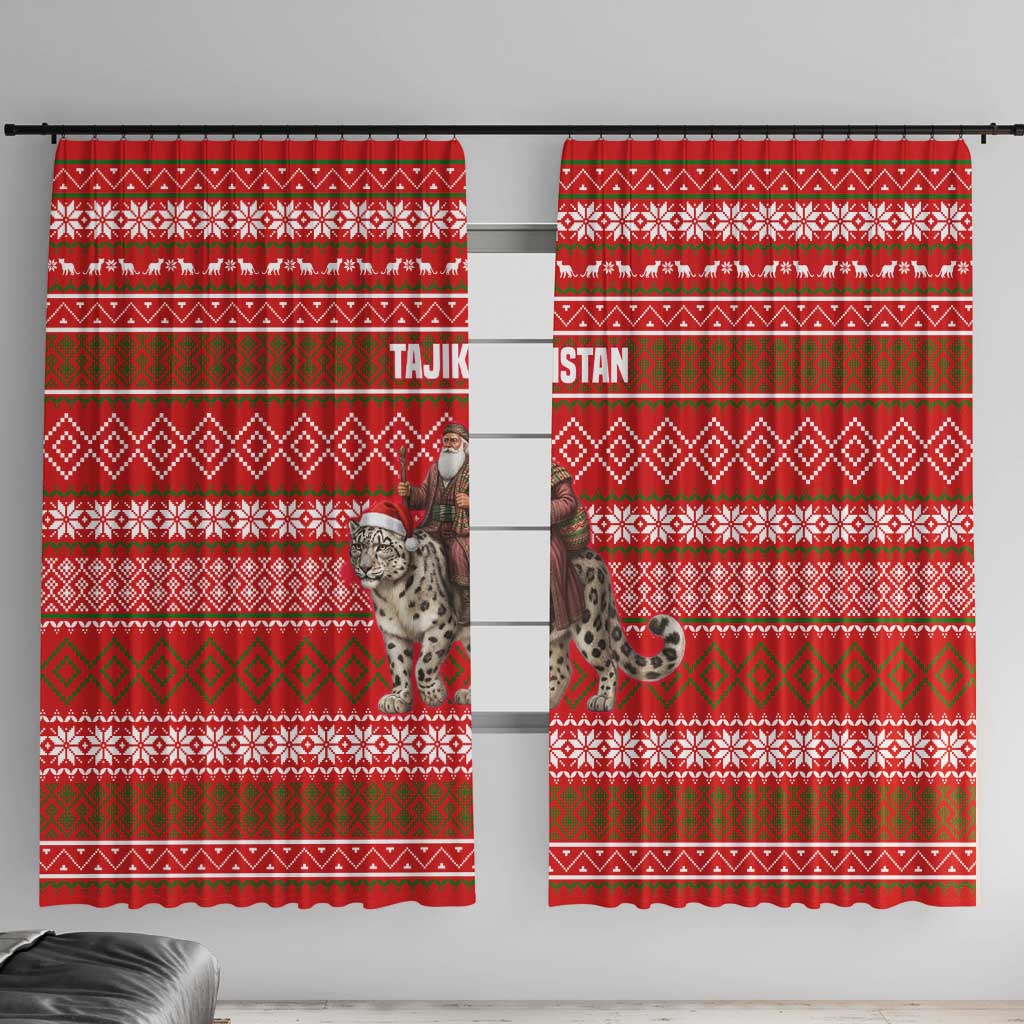 Tajikistan Christmas Window Curtain with Santa Riding Snow Leopard National Emblem and Red Holiday Pattern - Wonder Print Shop