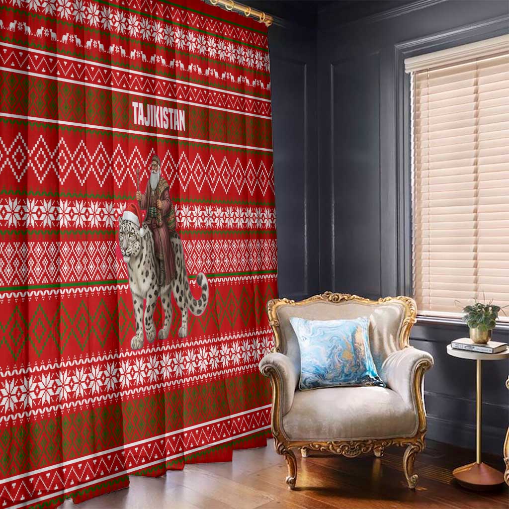 Tajikistan Christmas Window Curtain with Santa Riding Snow Leopard National Emblem and Red Holiday Pattern - Wonder Print Shop