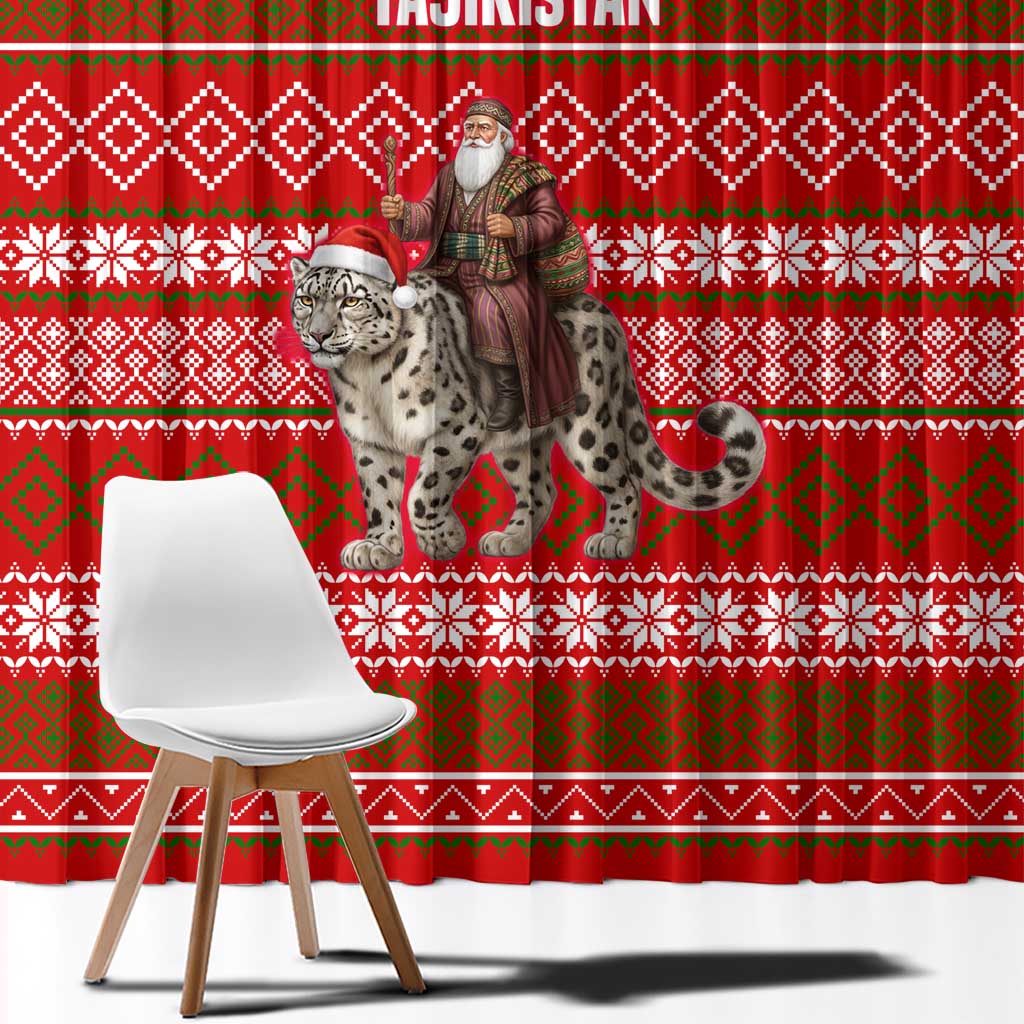Tajikistan Christmas Window Curtain with Santa Riding Snow Leopard National Emblem and Red Holiday Pattern - Wonder Print Shop