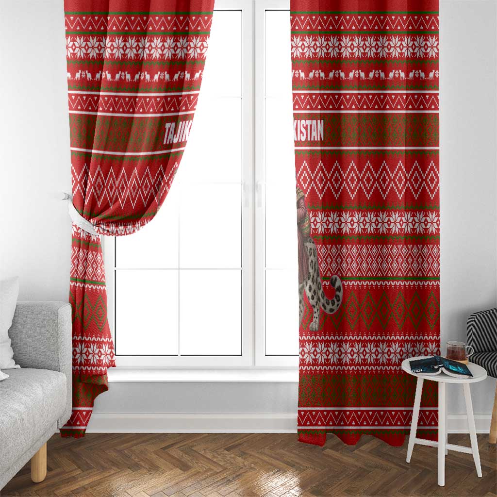 Tajikistan Christmas Window Curtain with Santa Riding Snow Leopard National Emblem and Red Holiday Pattern - Wonder Print Shop