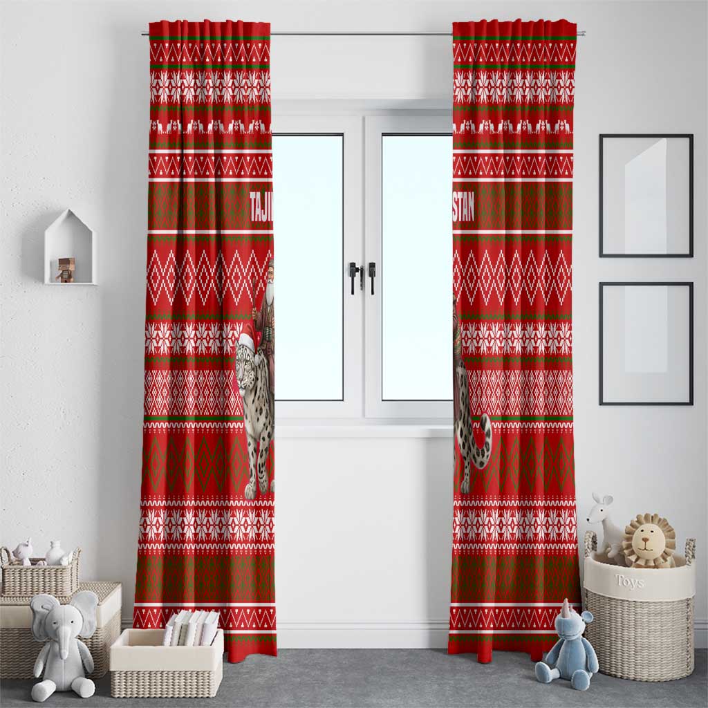 Tajikistan Christmas Window Curtain with Santa Riding Snow Leopard National Emblem and Red Holiday Pattern - Wonder Print Shop