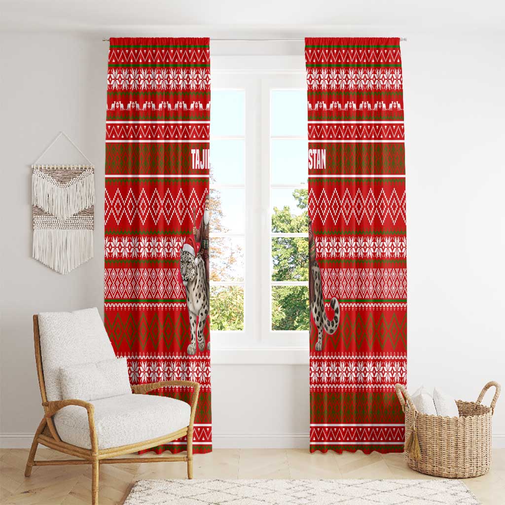 Tajikistan Christmas Window Curtain with Santa Riding Snow Leopard National Emblem and Red Holiday Pattern - Wonder Print Shop