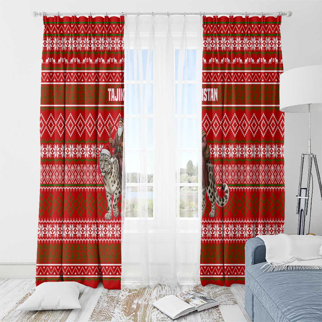 Tajikistan Christmas Window Curtain with Santa Riding Snow Leopard National Emblem and Red Holiday Pattern - Wonder Print Shop